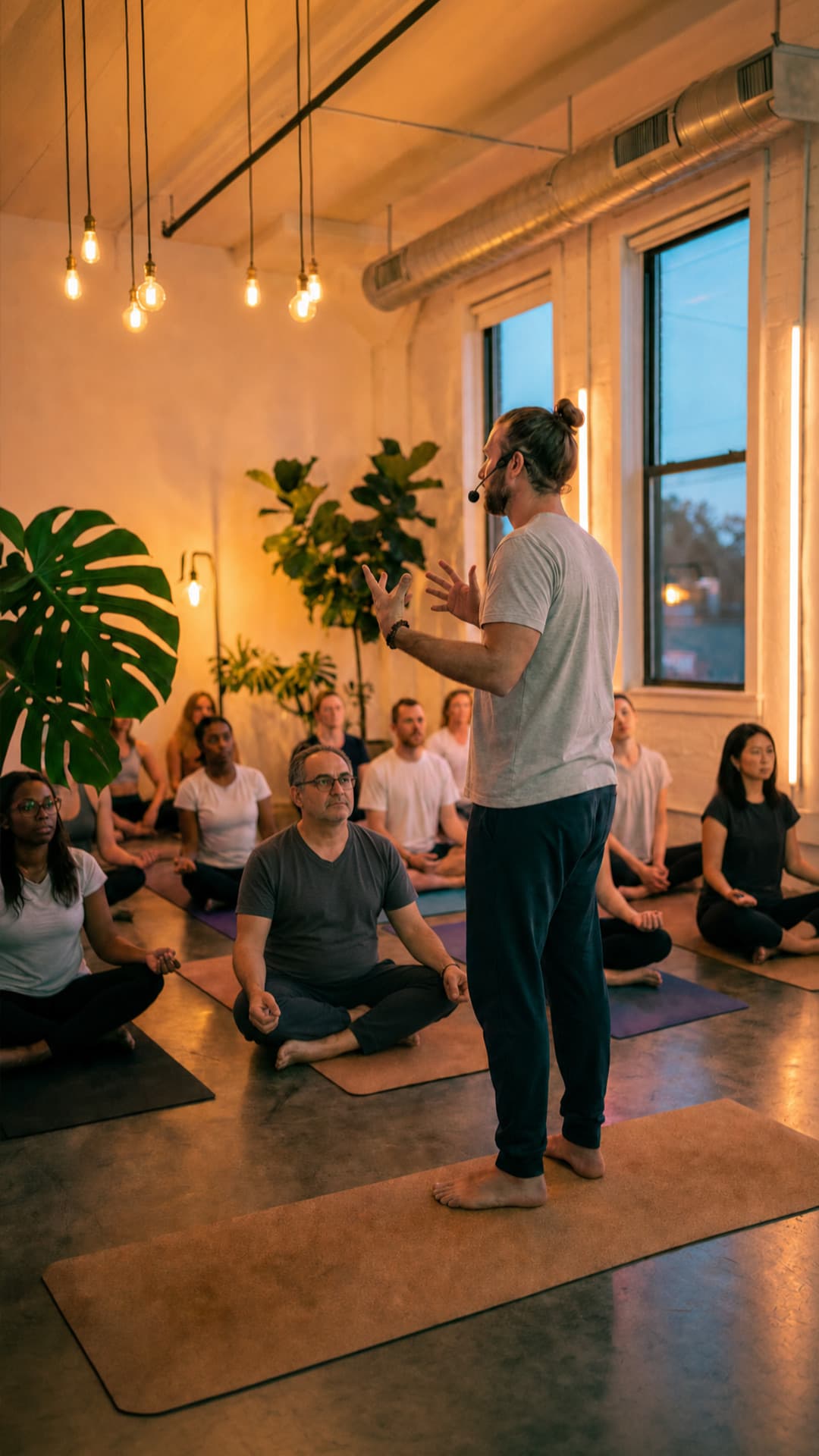 Yoga-Coach leitet eine Session vor der Gruppe